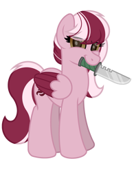 Size: 2500x3200 | Tagged: safe, artist:ponkus, imported from derpibooru, oc, oc only, oc:dusty ember, pegasus, pony, derpibooru community collaboration, 2021 community collab, colored wings, colored wingtips, combat knife, cute, female, knife, looking at you, mare, simple background, solo, transparent background, weapon