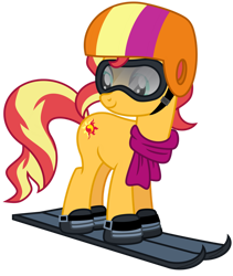 Size: 1024x1211 | Tagged: safe, artist:emeraldblast63, imported from derpibooru, sunset shimmer, pony, unicorn, backwards cutie mark, clothes, cute, female, helmet, mare, scarf, shimmerbetes, simple background, ski helmet, skiing, skis, smiling, solo, transparent background, vector