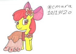 Size: 1086x772 | Tagged: safe, artist:cmara, imported from derpibooru, apple bloom, earth pony, pony, apple bloom's bow, bow, clothes, dress, female, filly, gala dress, hair bow, simple background, solo, traditional art, white background