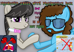 Size: 1280x896 | Tagged: safe, artist:grapefruitface1, derpibooru exclusive, imported from derpibooru, octavia melody, oc, oc:electric light (jeff lynne pony), pony, album cover, aviator glasses, aviator sunglasses, base used, beard, bowtie, canon x oc, crossed out, facial hair, genesis, holding hooves, hoofshake, in-joke, jeff lynne, king crimson, looking at you, meme, ponified, ponified album cover, progressive rock, rock (music), shipping, show accurate, sunglasses, updated