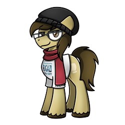 Size: 1240x1240 | Tagged: safe, artist:sugar morning, imported from derpibooru, oc, oc only, oc:bay mac, pony, derpibooru community collaboration, beanie, clothes, dun, fugazi, glasses, hat, looking at you, male, scarf, shirt, simple background, solo, stallion, t-shirt, transparent background, unshorn fetlocks