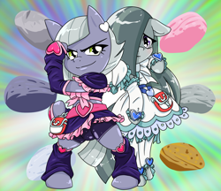 Size: 1480x1280 | Tagged: safe, alternate version, artist:batipin, imported from derpibooru, limestone pie, marble pie, earth pony, semi-anthro, clothes, cosplay, costume, cure black, cure white, duo, floppy ears, hair over one eye, pretty cure