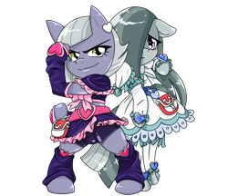 Size: 1480x1280 | Tagged: safe, alternate version, artist:batipin, imported from derpibooru, limestone pie, marble pie, earth pony, semi-anthro, clothes, cosplay, costume, cure black, cure white, duo, floppy ears, hair over one eye, pretty cure, simple background, transparent background