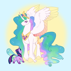 Size: 1500x1500 | Tagged: safe, artist:britebuck, imported from derpibooru, princess celestia, twilight sparkle, alicorn, unicorn, alternate design, colored wings, colored wingtips, curved horn, duo, female, filly, filly twilight sparkle, gradient background, horn, jewelry, leonine tail, regalia, unicorn twilight, wings, younger