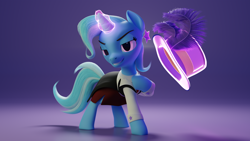 Size: 3840x2160 | Tagged: safe, artist:skytail07, imported from derpibooru, trixie, pony, unicorn, 3d, 4k, clothes, female, gameloft, glowing horn, hat, high res, hoof on chest, horn, lidded eyes, mare, smiling, solo