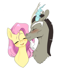 Size: 3001x3627 | Tagged: safe, artist:aztrial, imported from derpibooru, discord, fluttershy, draconequus, pegasus, blushing, bust, cheek kiss, cute, discoshy, female, kiss on the cheek, kissing, male, shipping, shyabetes, simple background, straight, transparent background