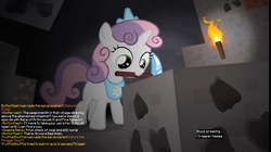 Size: 1255x701 | Tagged: safe, artist:jan, edit, imported from derpibooru, sweetie belle, don't mine at night, cave, coal, diamond pickaxe, implied button mash, implied noi, implied truffle shuffle, jewelry, minecraft, peytral, pickaxe, text, this will end in explosions, tiara, torch