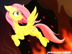 Size: 1600x1200 | Tagged: safe, artist:willoillo, imported from derpibooru, fluttershy, pegasus, pony, female, fire, mare, solo