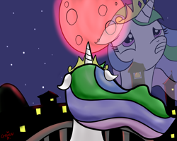 Size: 5000x4000 | Tagged: safe, artist:grassy blade, artist:sketch-leaderboard, imported from derpibooru, princess celestia, alicorn, pony, balcony, blood moon, moon, night, paint tool sai, scared