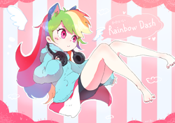 Size: 1280x900 | Tagged: safe, artist:fuyugi, artist:nendo, imported from derpibooru, rainbow dash, human, barefoot, blushing, cat ears, clothes, compression shorts, cute, dashabetes, feet, female, headphones, hoodie, humanized, japanese, legs, nendo is trying to murder us, pullover, skirt, smiling, solo, striped background, wiggling toes