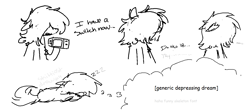 Size: 1344x598 | Tagged: safe, artist:modocrisma, imported from derpibooru, oc, oc only, oc:sobakasu, earth pony, pony, chest fluff, comic sans, depressed, fluffy, hidden eyes, looking away, male, monochrome, ms paint, nintendo switch, ponysona, sleeping, solo, thought bubble
