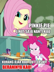 Size: 1717x2284 | Tagged: safe, edit, edited screencap, imported from derpibooru, screencap, fluttershy, pinkie pie, sci-twi, twilight sparkle, a little birdie told me, equestria girls, equestria girls series, rollercoaster of friendship, the last day of school, angry, angry pinkie pie, geode of sugar bombs, implied rainbow dash, indonesian, magical geodes, narrowed eyes, rage