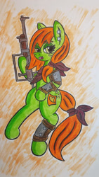 Size: 1024x1821 | Tagged: safe, artist:dice-warwick, imported from derpibooru, oc, oc only, oc:lottery, earth pony, pony, fallout equestria, armor, butt freckles, ear piercing, earring, freckles, jewelry, piercing, pipe rifle, solo