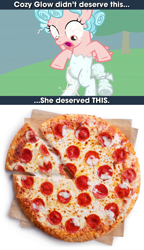 Size: 1204x2084 | Tagged: safe, edit, edited screencap, imported from derpibooru, screencap, cozy glow, pegasus, pony, the ending of the end, a better ending for cozy, background pony strikes again, cheese pizza, cozy deserved this, discussion in the comments, female, filly, food, petrification, pizza