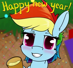 Size: 1602x1500 | Tagged: safe, artist:dacaoo, imported from derpibooru, rainbow dash, pegasus, pony, blushing, drink, female, happy new year, holiday, mare, smiling, smiling at you, solo
