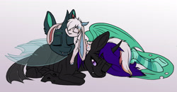 Size: 5336x2766 | Tagged: safe, artist:celestial-rainstorm, imported from derpibooru, oc, oc only, oc:fenirus, oc:kei, oc:midnight, changeling, cuddling, green changeling