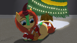 Size: 1280x719 | Tagged: dead source, safe, artist:megaanimationfan, imported from derpibooru, oc, oc only, oc:shauku, oc:summer breeze, kirin, meerkat, christmas, christmas lights, christmas sweater, christmas tree, clothes, couple, hat, holiday, kirin oc, santa hat, sweater, tree