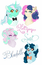 Size: 1024x1593 | Tagged: safe, artist:azure-art-wave, imported from derpibooru, bon bon, lyra heartstrings, sweetie drops, oc, oc:bluebell, oc:lollipop swirl, earth pony, pony, unicorn, bowtie, female, lesbian, lyrabon, magical lesbian spawn, mare, offspring, parent:bon bon, parent:lyra heartstrings, parents:lyrabon, shipping, simple background, white background