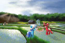 Size: 2850x1904 | Tagged: safe, artist:erim-kawamori, imported from derpibooru, oc, oc:healing drop, oc:krystal lee, pony, unicorn, female, magic, mare, rice field