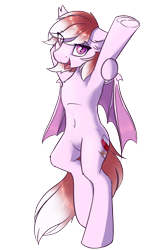 Size: 1200x1800 | Tagged: safe, artist:ravistdash, derpibooru exclusive, imported from derpibooru, oc, oc:coloured glaze rose, bat pony, derpibooru community collaboration, 2021 community collab, bat pony oc, bat wings, bipedal, looking at you, open mouth, simple background, standing, stretching, transparent background, underhoof, wings