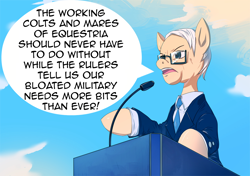 Size: 1400x988 | Tagged: safe, artist:bakki, imported from derpibooru, earth pony, pony, bernie sanders, clothes, dialogue, glasses, microphone, military, necktie, podium, politics, ponified, solo, speech bubble, stimulus checks, suit