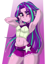 Size: 670x900 | Tagged: safe, artist:centinel303, artist:ta-na, imported from derpibooru, aria blaze, equestria girls, :<, abstract background, adonis belt, adorasexy, ariabetes, arm behind head, armpits, belly button, belt, blushing, booty shorts, bracelet, breasts, busty aria blaze, clothes, corset, cute, daisy dukes, ear piercing, eyelashes, eyeshadow, female, fit, frown, jewelry, large voluminous hair, looking at you, loose hair, makeup, midriff, piercing, pose, sexy, short shirt, shorts, sideboob, sleeveless, solo, solo female, stupid sexy aria blaze, thighs, wide hips