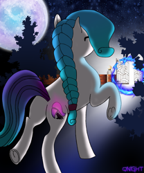 Size: 2464x2964 | Tagged: safe, artist:qnight, artist:qnighter, imported from derpibooru, oc, oc only, oc:aurora starling, dragon, pony, gate, glowing cutie mark, moon, night, solo, stars, tree