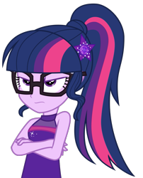 Size: 826x1022 | Tagged: safe, artist:sollace, imported from derpibooru, sci-twi, twilight sparkle, equestria girls, equestria girls series, spring breakdown, .svg available, angry, annoyed, clothes, crossed arms, cruise outfit, dress, female, geode of empathy, geode of shielding, geode of sugar bombs, geode of super speed, geode of super strength, geode of telekinesis, glasses, magical geodes, ponytail, rage, sci-twi is not amused, show accurate, simple background, sleeveless, solo, svg, transparent background, twilight is not amused, twilight sparkle is not amused, unamused, vector