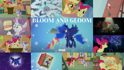 Size: 1982x1115 | Tagged: safe, edit, edited screencap, editor:quoterific, imported from derpibooru, screencap, apple bloom, applejack, big macintosh, granny smith, princess luna, scootaloo, sweetie belle, twittermite, bloom and gloom, clubhouse, crusaders clubhouse, cutie mark crusaders, dream walker luna