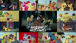 Size: 1982x1115 | Tagged: safe, edit, edited screencap, editor:quoterific, imported from derpibooru, screencap, apple bloom, apple bumpkin, apple fritter, applejack, blues, braeburn, caramel, cherry cola, cherry fizzy, fetter keys, meadow song, noteworthy, scootaloo, sheriff silverstar, star spur, sweetie belle, trouble shoes, appleoosa's most wanted, apple family member, appleloosa resident, cutie mark crusaders, hay bale, pitchfork, torch