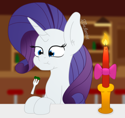 Size: 2476x2337 | Tagged: safe, artist:puperhamster, imported from derpibooru, rarity, pony, unicorn, candle, dinner, ear fluff, eating, female, fork, mare, restaurant