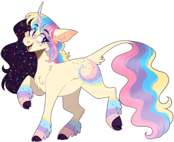 Size: 1432x1170 | Tagged: safe, artist:wanderingpegasus, imported from derpibooru, oc, oc only, oc:supernova, pony, unicorn, chest fluff, cloven hooves, curved horn, eye clipping through hair, horn, leonine tail, open mouth, raised hoof, raised leg, simple background, smiling, solo, transparent background