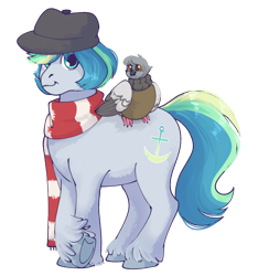 Size: 1124x1200 | Tagged: safe, artist:pigeorgien, imported from derpibooru, oc, oc:georgia livian, oc:springmarine gulfstream, bird, earth pony, pigeon, pony, derpibooru community collaboration, 2021 community collab, clothes, cute, earth pony oc, female, hat, hoof fluff, mare, pet, scarf, simple background, transparent background, underhoof