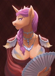 Size: 2368x3291 | Tagged: safe, artist:mandrago, imported from derpibooru, oc, oc:copper sparks, anthro, bored, braid, breasts, choker, cleavage, clothes, dress, epaulettes, fan, jewelry, necklace