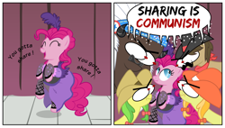 Size: 1340x760 | Tagged: safe, artist:knightoftheraven, artist:roseluck, imported from derpibooru, apple fritter, chief thunderhooves, jonagold, marmalade jalapeno popette, pinkie pie, sheriff silverstar, buffalo, earth pony, pony, 2 panel comic, angry, apple family member, bulging eyes, clothes, colored, comic, communism, dancing, drama bait, dress, english, eye bulging, female, flat colors, glare, long neck, male, mare, op is a duck, op is trying to start shit, saloon dress, saloon pinkie, scrunchy face, show accurate, singing, speech bubble, stallion, you gotta share