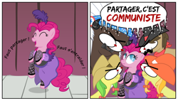 Size: 1340x760 | Tagged: safe, artist:knightoftheraven, artist:roseluck, imported from derpibooru, apple fritter, chief thunderhooves, jonagold, marmalade jalapeno popette, pinkie pie, sheriff silverstar, buffalo, earth pony, pony, 2 panel comic, angry, apple family member, bulging eyes, clothes, colored, comic, communism, dancing, drama bait, dress, eye bulging, female, flat colors, french, glare, long neck, male, mare, op is a duck, op is trying to start shit, saloon dress, saloon pinkie, scrunchy face, show accurate, singing, speech bubble, stallion, you gotta share