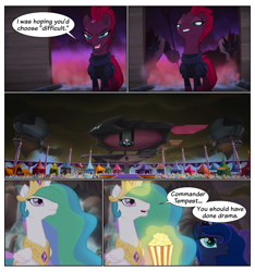 Size: 750x800 | Tagged: safe, edit, edited screencap, editor:knightoftheraven, editor:roseluck, imported from derpibooru, screencap, princess celestia, princess luna, tempest shadow, alicorn, pony, unicorn, my little pony: the movie, airship, armor, broken horn, canterlot, comic, crown, dialogue, english, ethereal mane, female, folded wings, food, frown, gem, horn, jewelry, magic, magic aura, mare, peytral, popcorn, regalia, sarcasm, screencap comic, smoke, smug, speech bubble, storm guard, storm king's ship, unimpressed, wings, worried