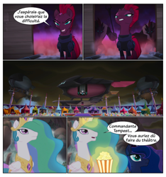 Size: 750x800 | Tagged: safe, edit, edited screencap, editor:knightoftheraven, editor:roseluck, imported from derpibooru, screencap, princess celestia, princess luna, tempest shadow, alicorn, pony, unicorn, my little pony: the movie, airship, armor, broken horn, canterlot, comic, crown, dialogue, ethereal mane, female, folded wings, food, french, frown, gem, horn, jewelry, magic, magic aura, mare, peytral, popcorn, regalia, sarcasm, screencap comic, smoke, smug, speech bubble, storm guard, storm king's ship, translated in the comments, translation request, unimpressed, wings, worried