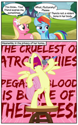 Size: 750x1200 | Tagged: safe, artist:knightoftheraven, artist:roseluck, edit, edited screencap, editor:roseluck, imported from derpibooru, screencap, fluttershy, lily, lily valley, rainbow dash, earth pony, pegasus, pony, 2 panel comic, bipedal, colored, comic, death metal, dialogue, eyes closed, female, flat colors, flower, flower in hair, flutterscream, folded wings, globus, inkscape, lily (flower), mare, metalshy, microphone, outdoors, raised eyebrow, screaming, show accurate, singing, song reference, speech bubble, speed lines, spread wings, standing, table, tail, trio, trio female, vector, volumetric mouth, wings, worried