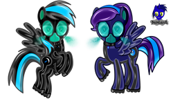 Size: 7680x4392 | Tagged: safe, artist:damlanil, imported from derpibooru, oc, oc:nightlight aura, oc:star eyes, pegasus, pony, boots, clothes, collar, commission, cutie mark accessory, cutie mark collar, duo, female, flying, gas mask, hazmat pony drone, heart, heart eyes, latex, looking at you, mare, mask, raised hoof, rubber, rubber drone, shiny, shiny mane, shoes, show accurate, simple background, story, story in the source, transformation, transparent background, vector, wingding eyes, wings