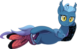 Size: 1730x1100 | Tagged: safe, artist:crystalightrocket, artist:crystalightx, imported from derpibooru, oc, oc only, oc:nightforce, bat pony, pony, derpibooru community collaboration, 2021 community collab, bat pony oc, bat wings, blackwork, cargosox, claws, clothes, cute, cute little fangs, draw me like one of your french girls, ear tufts, fangs, female, lidded eyes, lying, mare, ponytail, raised eyebrow, shoes, simple background, slit eyes, slit pupils, smiling, socks, solo, tattoo, transparent background, wing claws, wing hooks, wings, yellow eyes