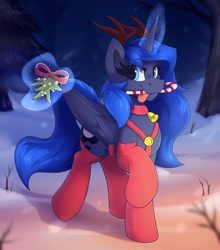 Size: 1388x1575 | Tagged: safe, artist:shadowreindeer, imported from derpibooru, princess luna, alicorn, pony, bell, candy, candy cane, christmas, clothes, cute, food, forest, glowing horn, holiday, horn, looking at you, lunabetes, magic, mistletoe, mouth hold, night, raised hoof, snow, socks, solo, telekinesis, tongue out, tree, winter
