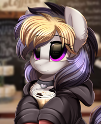 Size: 1446x1764 | Tagged: safe, artist:pridark, imported from derpibooru, imported from ponybooru, oc, oc only, oc:liquorice sweet, earth pony, pony, beverage, clothes, collar, commission, cute, drink, eye clipping through hair, female, hoodie, mare, mug, smiling, solo, weapons-grade cute