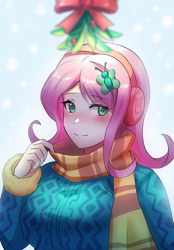 Size: 800x1149 | Tagged: safe, artist:tzc, imported from derpibooru, fluttershy, human, blushing, breasts, busty fluttershy, christmas, clothes, cute, earmuffs, female, holiday, humanized, mistleholly, scarf, shyabetes, solo, sweater, sweatershy, wrong eye color