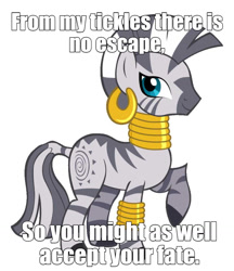 Size: 1107x1280 | Tagged: safe, artist:shelltoon, edit, imported from derpibooru, vector edit, zecora, zebra, bronybait, caption, image macro, imminent tickles, implied tickling, looking at you, raised hoof, smiling, text, this will end in tickles, vector