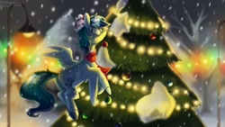 Size: 3000x1690 | Tagged: safe, artist:enderselyatdark, imported from derpibooru, oc, oc only, pegasus, pony, christmas, christmas tree, holiday, lights, new year, pegasus oc, snow, snowfall, solo, tree, wings
