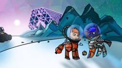 Size: 1920x1080 | Tagged: safe, artist:klp8, imported from derpibooru, oc, oc only, oc:pixel shield, oc:rusty gears, earth pony, pony, unicorn, astronaut, astroneer, duo, helmet, mountain, snow, spacesuit, stars