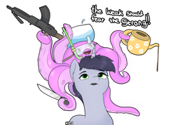 Size: 9600x6823 | Tagged: safe, artist:almond evergrow, derpibooru exclusive, imported from derpibooru, oc, oc only, oc:hatter, octopus, pony, unicorn, black lipstick, bren gun, confident, femboy, food, grey fur, gun, hat, knife, lipstick, male, snorkel, solo, tea, teapot, tentacles, the weak should fear the strong, trap, water, weapon