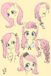 Size: 1200x1800 | Tagged: safe, artist:yanamosuda, imported from derpibooru, fluttershy, pony, alternate hairstyle, blushing, bow, braid, bust, cute, eyes closed, female, front view, full face view, hair accessory, hair bow, hairstyle, head tilt, hoof on chest, looking at you, mare, open mouth, ponytail, profile, rear view, shyabetes, simple background, smiling, solo, three quarter view, weapons-grade cute, yellow background