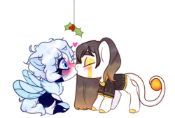 Size: 2000x1348 | Tagged: safe, artist:azaani, imported from derpibooru, oc, oc only, original species, pony, chibi, clothes, fluffy, holly, holly mistaken for mistletoe, kissing, male, simple background, white background, wings